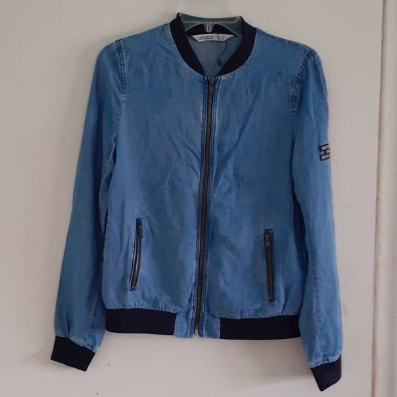 Zara Basic Chambray Denim Zip-Up Bomber Jacket Size S - Picture 2 of 10